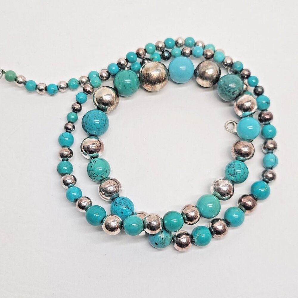 Sterling Silver 925 Blue Turquoise  Graduated Beaded 28" long Necklace, vintage